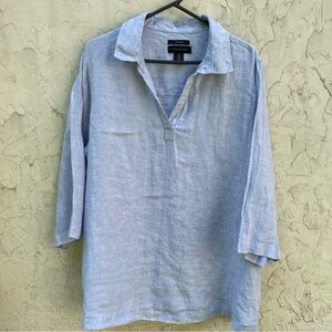 Tahari Women's 1X Blue 100% Linen Popover Lagenlook Minimalist Coastal Tunic Top